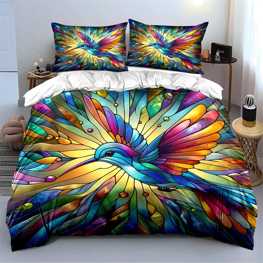 Colorful Stained Glass Bird Bedding Duvet Cover Set Duvet Cover Pillowcases (1*Duvet Cover 2*Pillowcases, without duvet insert)