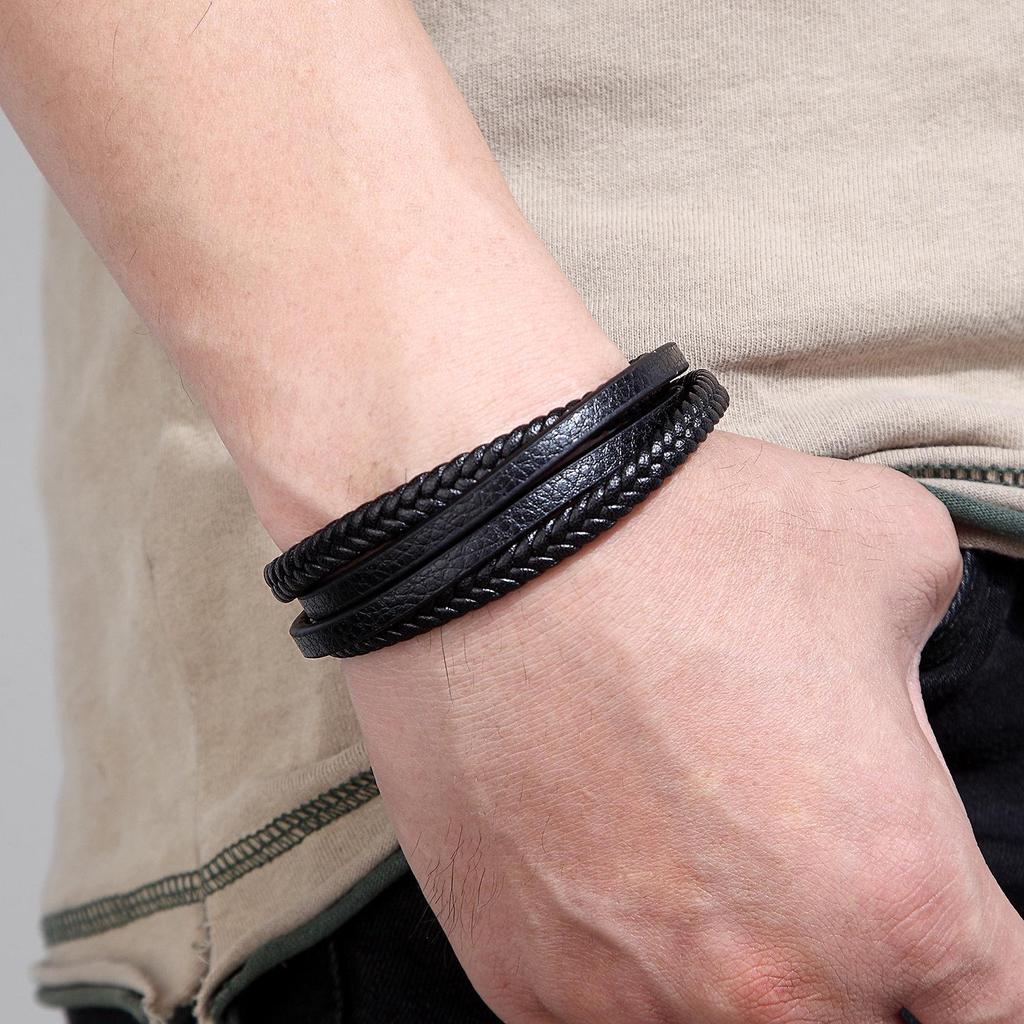 Мужской многослойный плетеный кожаный браслет из коровьей кожи и нержавеющей стали - Европейский и американский стиль