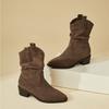 Остроносые ретро короткие ботинки женские лето 2025 новые коричневые ботинки майяр пустошь замшевый рукав ковбойские ботинки