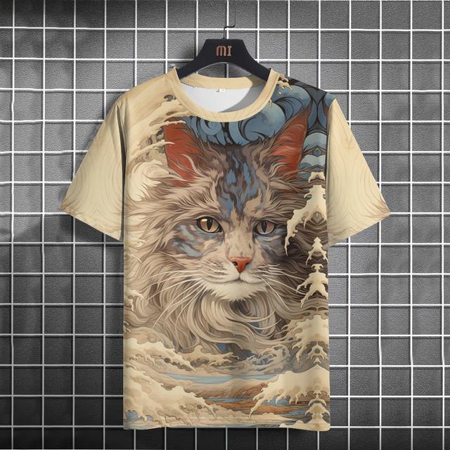 Men T-Shirts Casual Short Sleeve Tops Japanese Style Ukiyoe Graphic Clothing Oversized Summer Apparel Male T-Shirts Cat Pattern