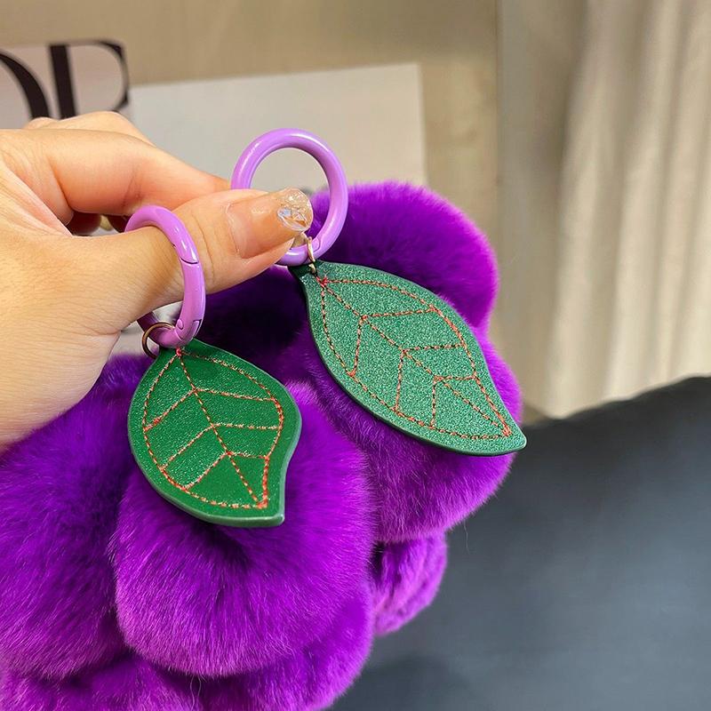 Lovely Grape Pom Poms Keychains Fluffy Pompoms Keychain Rex Rabbit Fur Pompoms Keyring Car Key Chain Pendant Accessories
