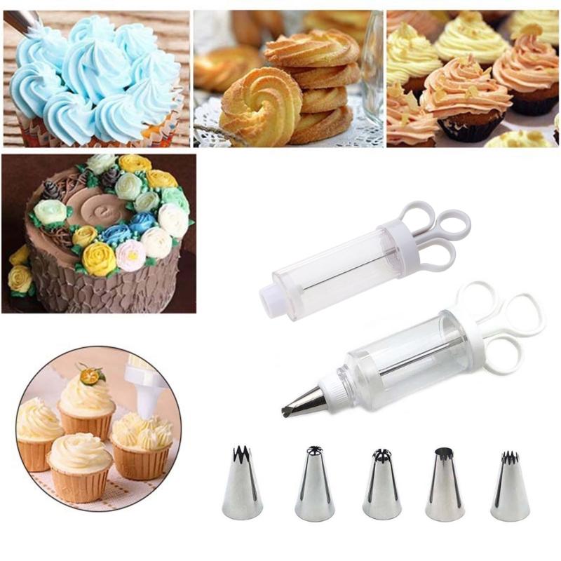 Dessert Cream Piping Syringe Nozzles Kits Dessert Decorating Syringe Cupcake Frosting Filling Injector with 5 Nozzles
