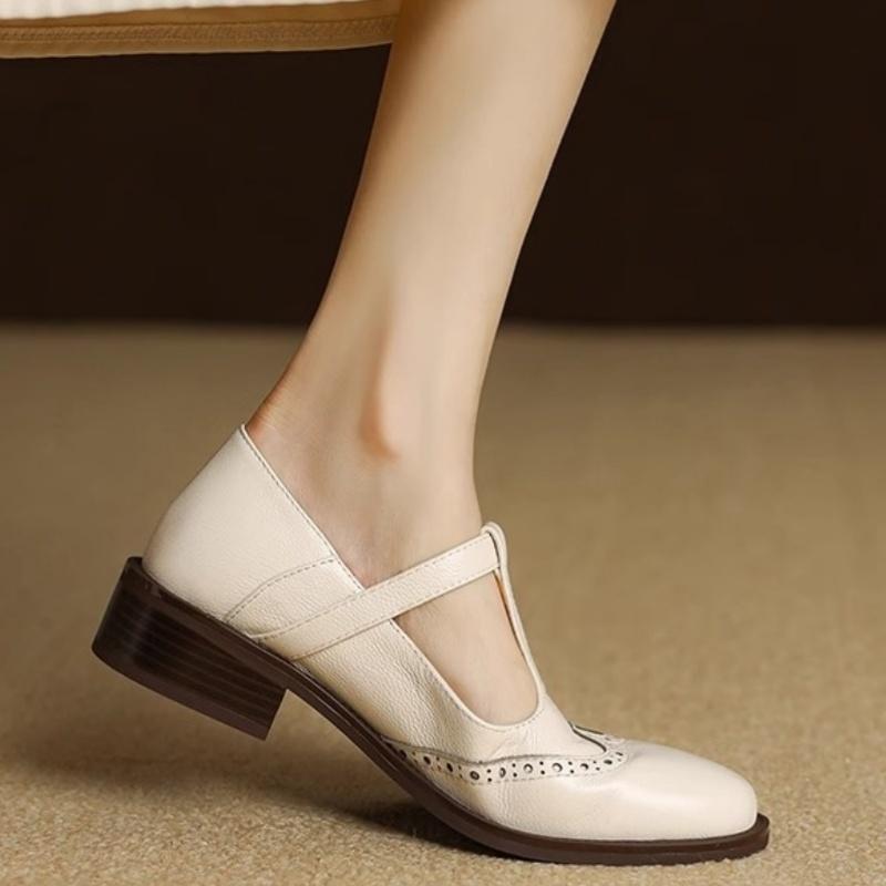 Fashion British Style T-strap Mid Heels Loafers Carving Leather Women's Shoes 2025 High Quality Round Toe Comfortable Soft Ladies Shoes
