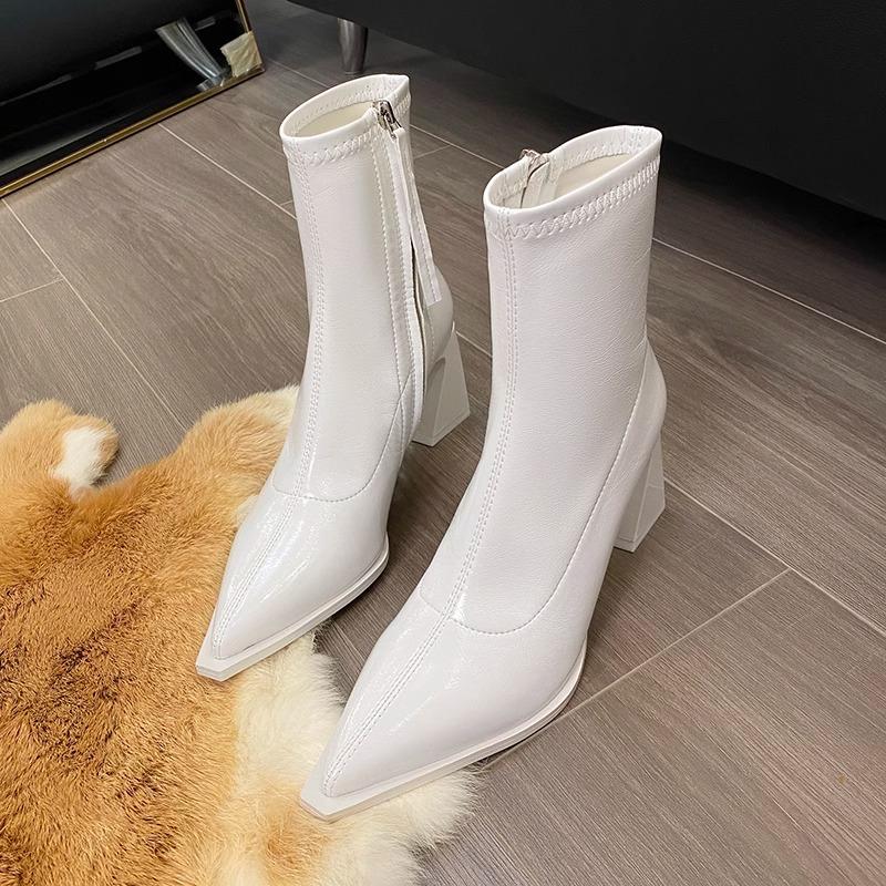 Fashion Women's Fashion Chunky Single Boots Fall New Pointy Side Zipper Anti-slip Wear-resistant Short Boots