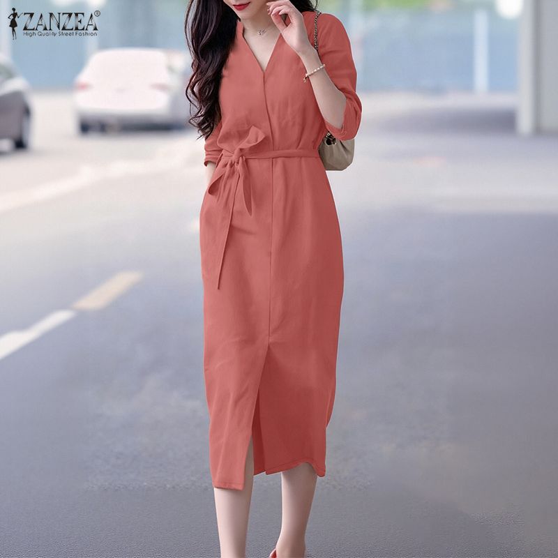 ZANZEA Женское повседневное платье-футляр с V-образным вырезом и длинными рукавами, однотонное