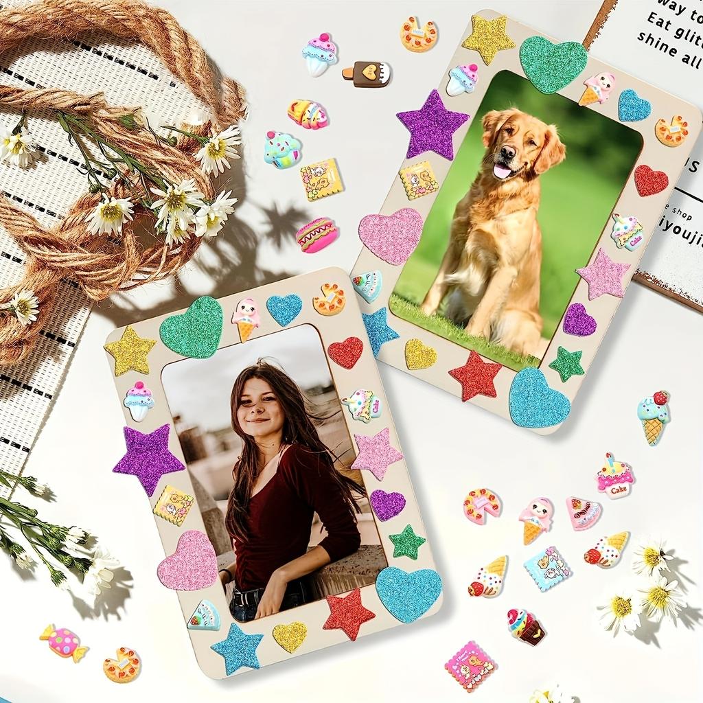 6pcs Wooden Picture Frames for Craft 7.5"x5.5" Unfinished Wood Photo Frames with Stand DIY Wood Frame with Stickers