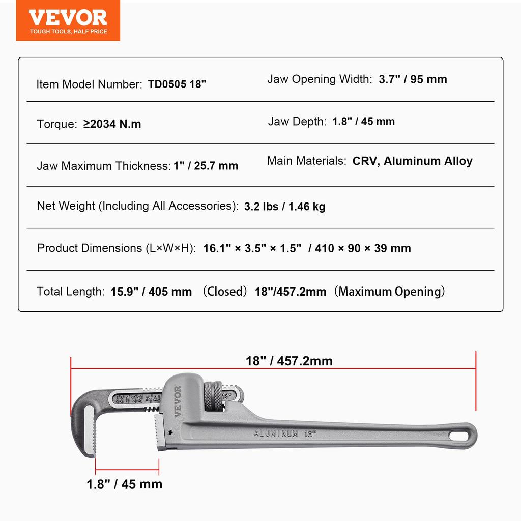 VEVOR Pipe Wrench, 18" Aluminum Straight Pipe Wrench, Adjustable Plumbing Wrench, with High Strength Jaw and Ergonomic Handle, Easy to Carry