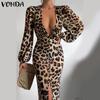 Women Vintage Deep V Neck Long Sleeve Leopard Print Waist Dresses