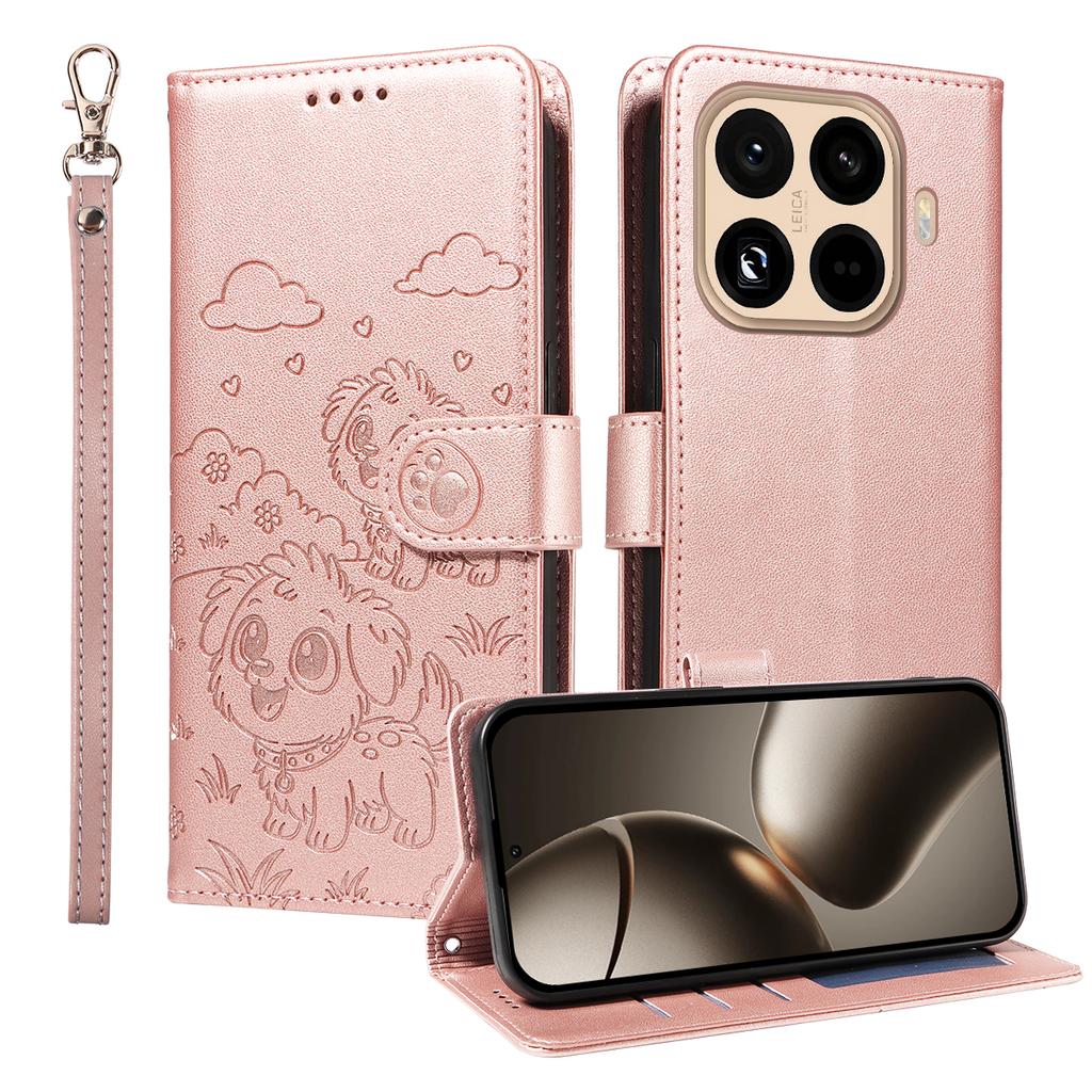 Чехол для Xiaomi 15T Pro с блокировкой RFID, с тисненым узором собаки, из ПУ кожи, чехол для телефона с ремешком на запястье