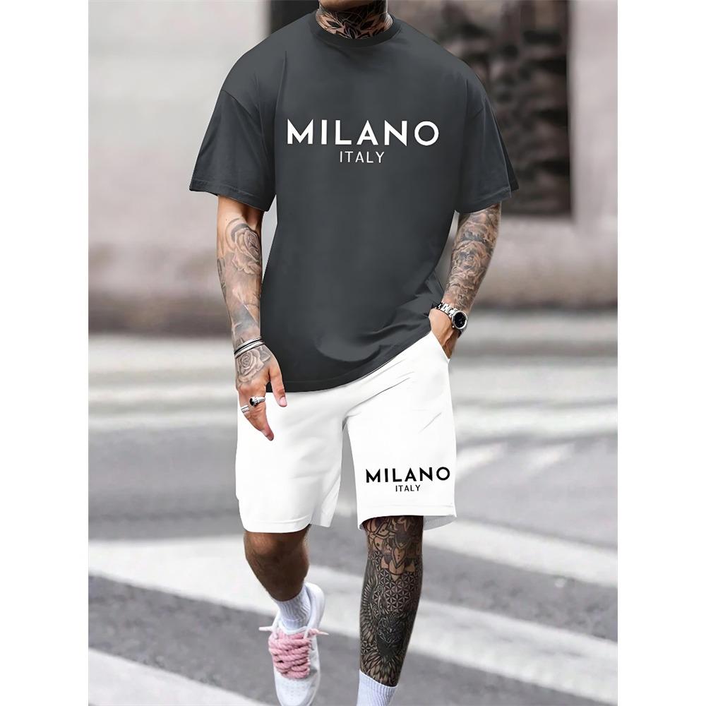 Summer Everyday Casual Men's Short Sleeve Shorts Set Colorful Bear Print Men's T-shirt And Colorful Graffiti Print Shorts Set
