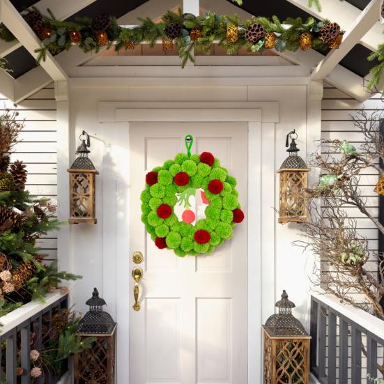 13 Inch Christmas Green Elf Wreath for Front Door Plush Pompom Ball Wreath with Wooden