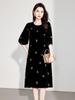 2025 Autumn Women's Silk Velvet Dress with Butterfly Embroidery, High Waist, Mid-Sleeve, Loose Fit