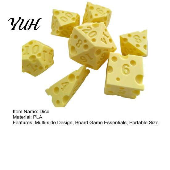 Gaming Dice Kit 7Pcs 3D Printed Cheese Set, D4/6/8/10/12/20 Multi-side Dice, Set Polyhedral for Family Night Party Board Game D20