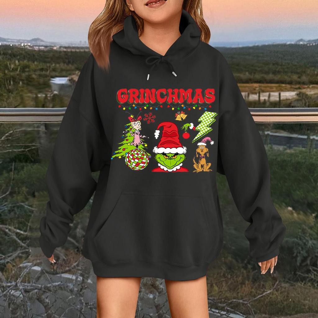 Children's Fashionable Casual Long-sleeved Loose Christmas Print Pullover Hooded Sweatshirt