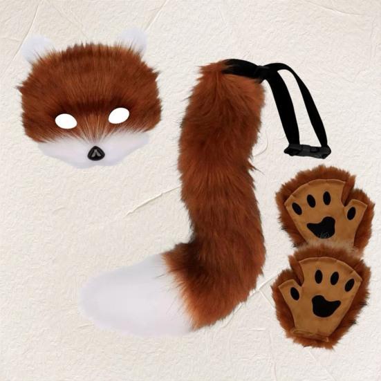 Furry Therian Costume Set for Girls Women Faux Fur Tail Plush Masque Fluffy Paw Gloves Set Fox Cat Wolf Animal Cosplay Accessories for Halloween