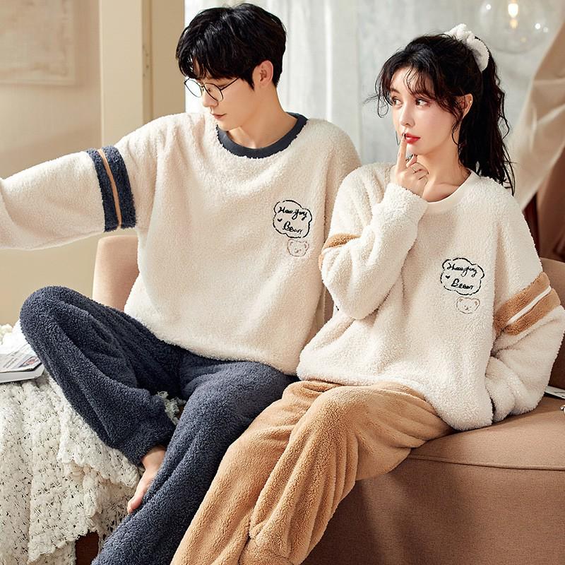Мужская и женская толстая пижама из кораллового флиса: Теплый вельветовый фланелевый зимний комплект