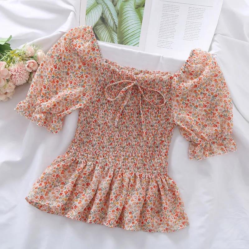 Women's Puff Sleeve Chiffon Shirt Off Shoulder Square Neck T-Shirt Slim Fit Women's Floral Top Womens Blouses