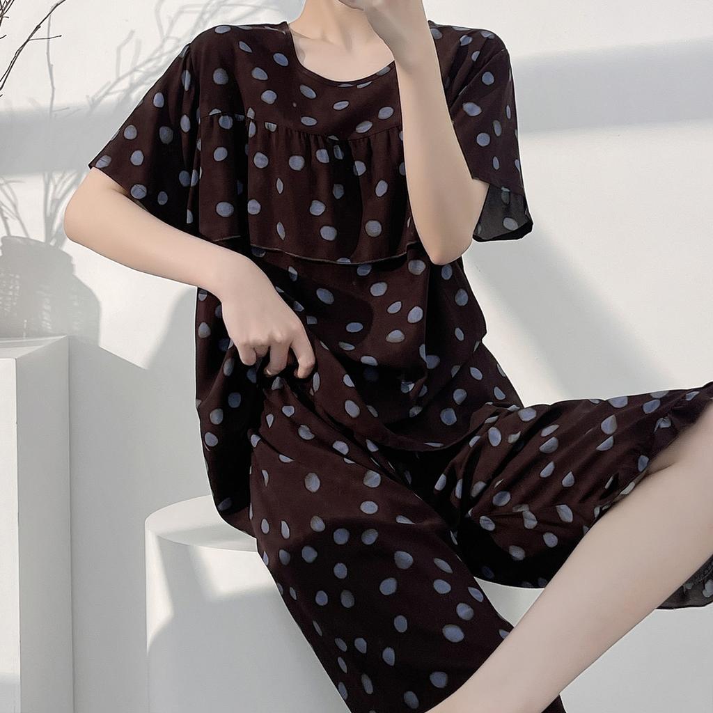 1011 New anti-bump cotton and silk pajamas women's summer ultra-thin short-sleeved trousers cotton and silk set large-size loungewear