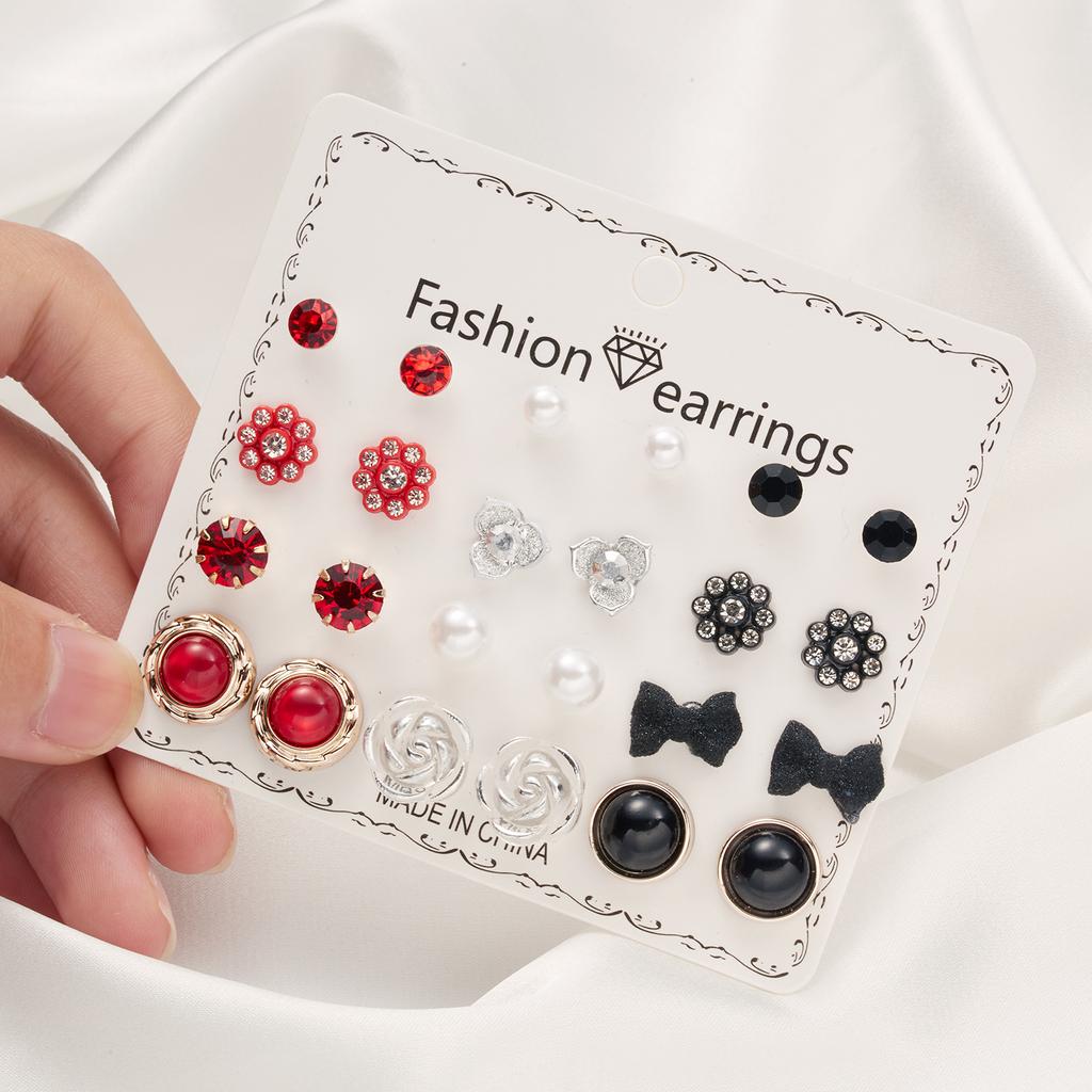 12 Pairs/Lot Heart Flower Earrings Set For Women Rhinestone Simulated Pearl Sun Star Stud Earrings Girls Party Jewelry Wholesale
