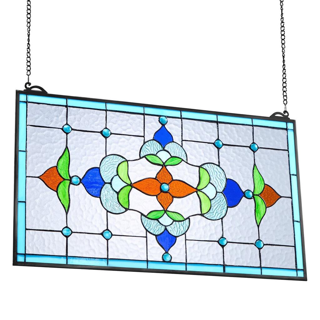 Stained Glass Window Panel, 664 x 402 mm, Tiffany Style Hanging Transom Window Panel with Chain, Large Horizontal Rectangle Stain Glass, Vintage