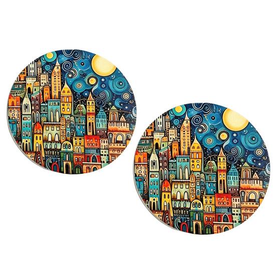 jijijing 2PCS Car Coasters, Oil Painting Print, Decorative Non-Slip Thermal Pads, Stain-Resistant Easy to Clean Cup Holders, for Home Kitchen