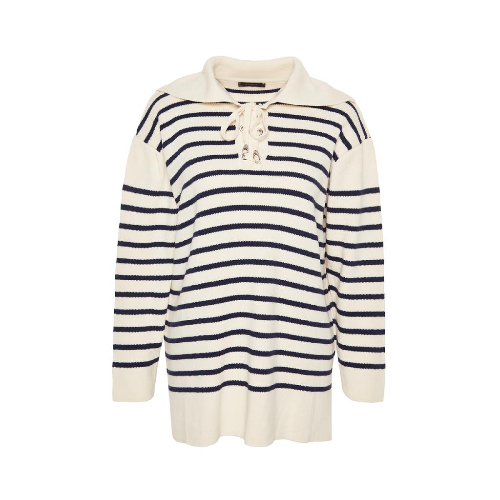 Темно-синий удобный вязаный свитер в полоску Tctaw24ak00172