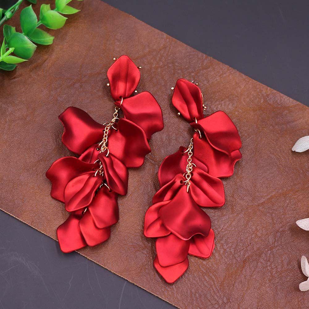Vintage Red Rose Drop Petals Long Tassel Flower Jewelry Dangle Earrings Stud Earring Accessories