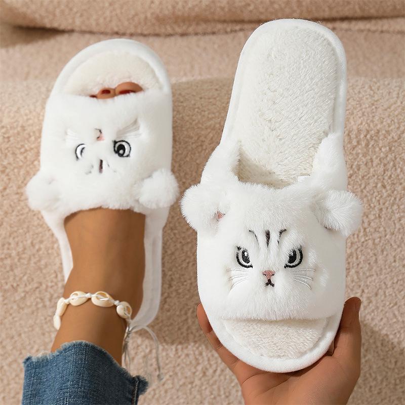 Women's Plush Cat Slippers with Cute Cartoon Kitty Face Design - Soft Fabric Upper- All-Season House Shoes for Home, House Slippers