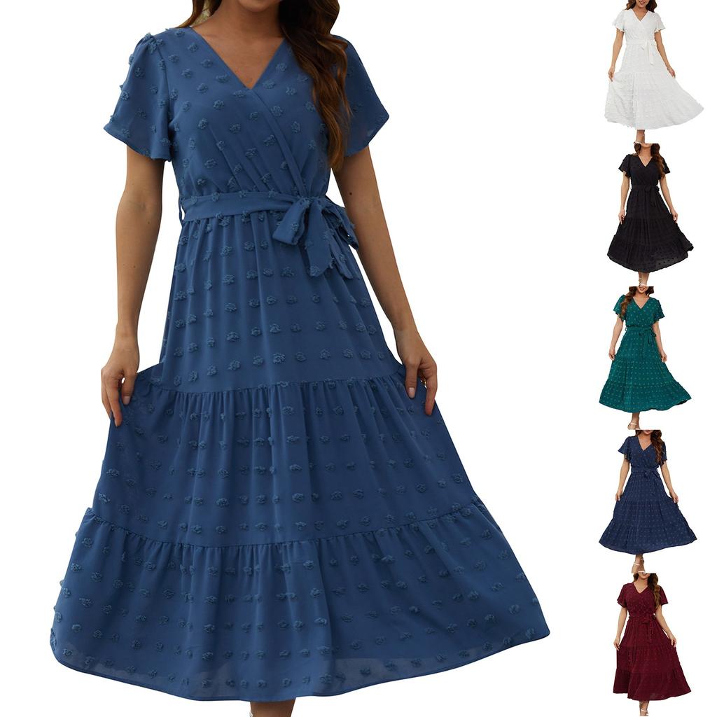 Women's Bohemian Polka Dot Dress Wrap V Neck Short Sleeve Solid Color Tie A-Line Layered Flowy Long Dresses
