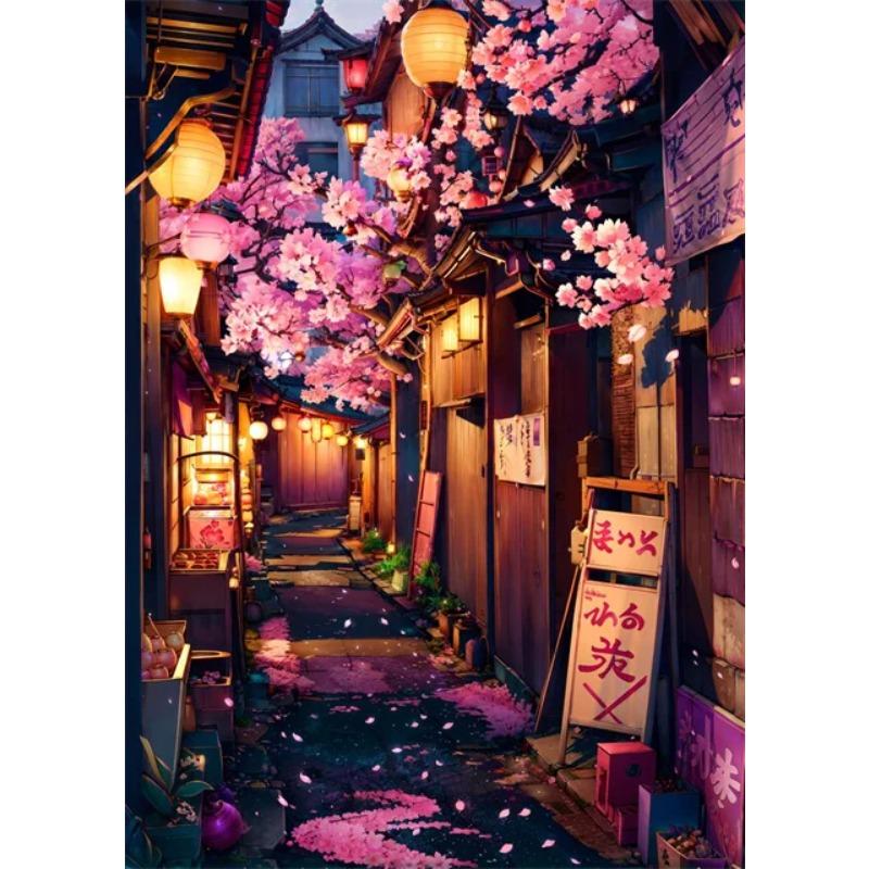 Japanese Street Scenery Cherry Blossom Architecture Canvas Poster Flowers Plants Landscape Wall Art Prints for Modern Home Decor