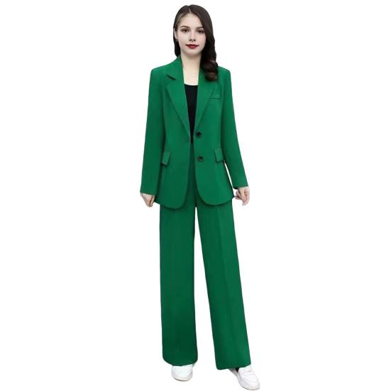 2 Pcs/Set Women Coat Pants Set Lapel Single Button Mid Length Cardigan Long Sleeve Jacket Wide Leg High Waist Straight Trousers Lady Formal