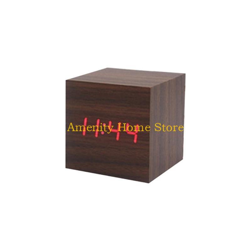 F26C Wood Cube Voice Control  Led Alarm Clock Decorative Clock Ornaments Art Crafts Supplies for Home Bedroom Dormitory