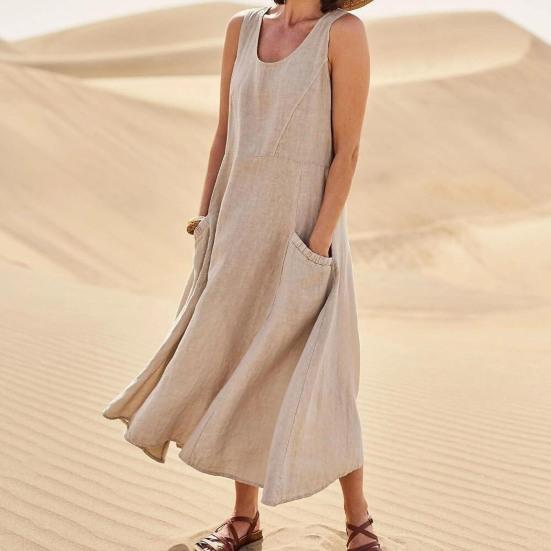 Women Summer Dresss O Neck A-line Loose Hem Sleeveless Pockets Soft Breathable Casual Mid-calf Length Sundress Daily Midi Dress