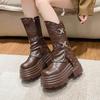 Fashion Women's High Platform Motorcycles Boots Winter 9.5CM Wedge Heels Warm Ankle Boots Chunky Sneakers New Autumn Leather Shoes Woman