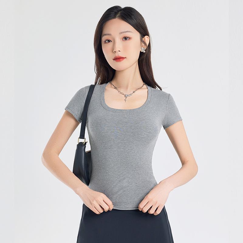 Футболка облегающего кроя для женщин с квадратным вырезом, лето 2025 г. - однотонная, короткие рукава, открытая ключица, смесь хлопка