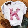 26 Letters Print T-Shirt Alphabet with Pink Flower Harajuku White Graphic Tee Casual Short Sleeve Lady Y2k Tops Women's Clothing