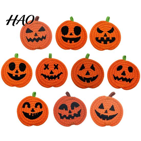 Pumpkin Shaped Kitchen Mats Halloween Cotton Rope Coaster, Handwoven Placemat with Funny Face, Iron Woven Table Protectors Craft Mat for Mug