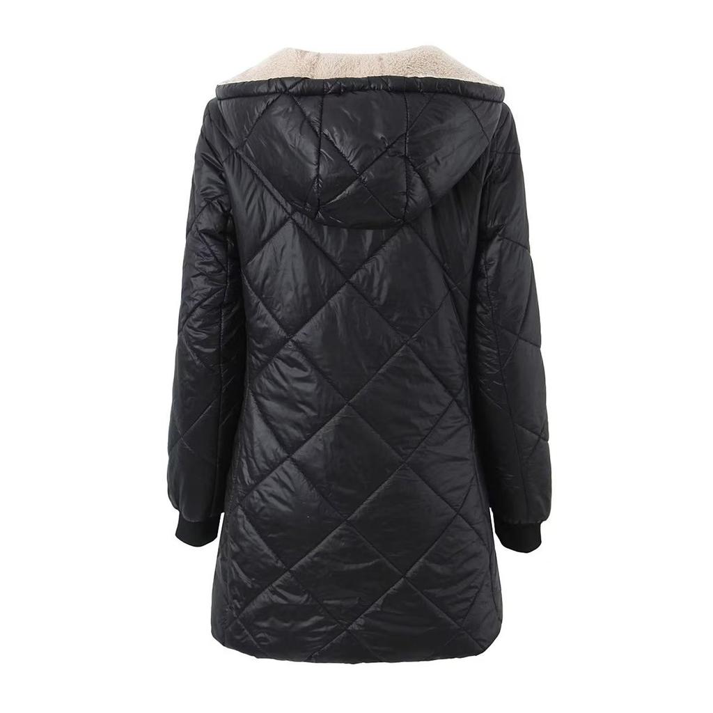 Women's Coat Solid Color Lambfleece Glossy Geometric Check Hooded Zipper Mid-length Cotton Jacket