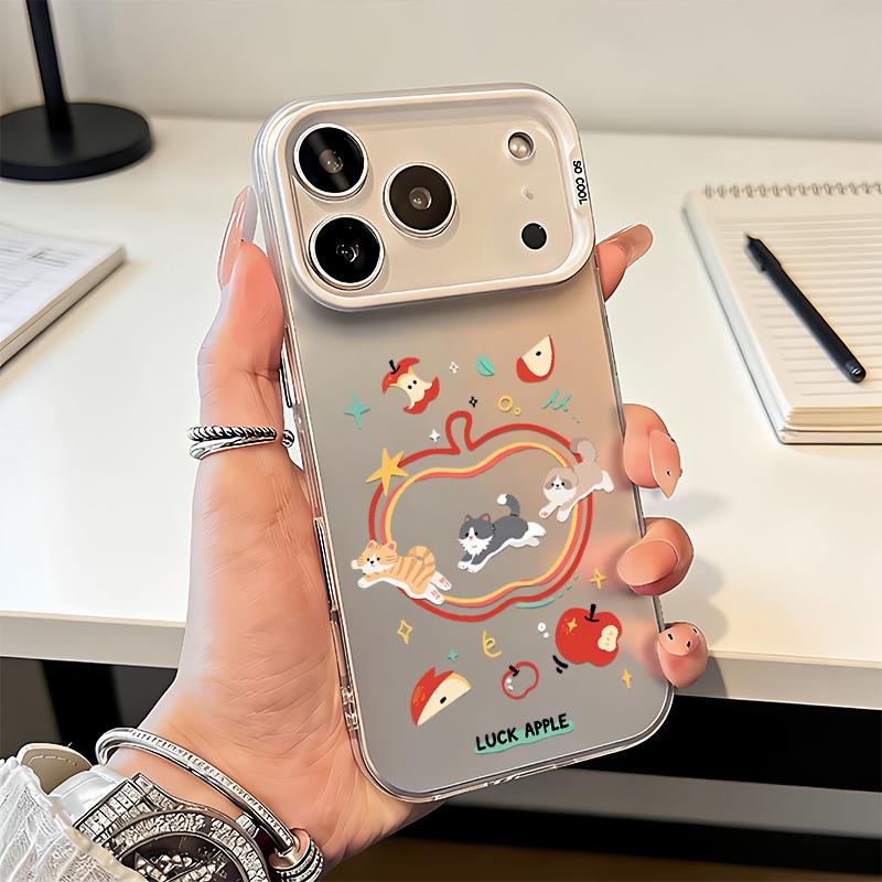 Cute Cartoon Cats & Lucky Apple Phone Case, Kawaii Animal Mirror Surface Cover, Shockproof Protective Shell