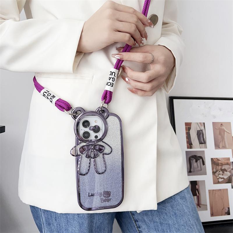 Гальванизированный кронштейн Медведь Кроссбоди Ремешок Чехол для телефона для iPhone 17 16 15 14 13 12 11 Pro XS Max X XR 7 8 Plus Ремешок Ударопрочная Мягкая Обложка