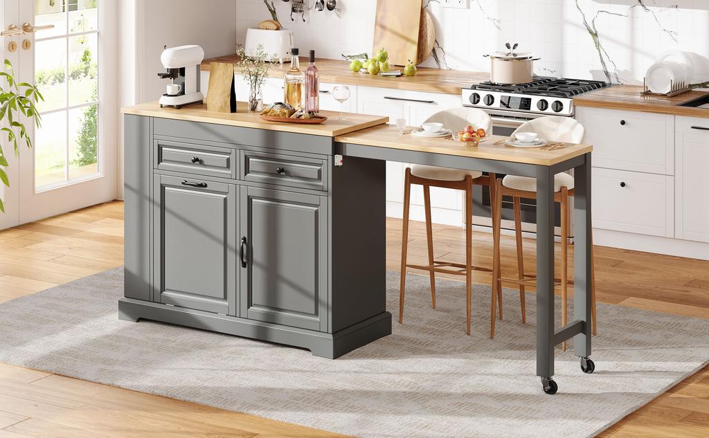 Kitchen Island on Casters, Extendable Dining Area with Waste Bin Compartment and Drawers, Freestanding, Ideal for Kitchen and Dining Room (Grey)