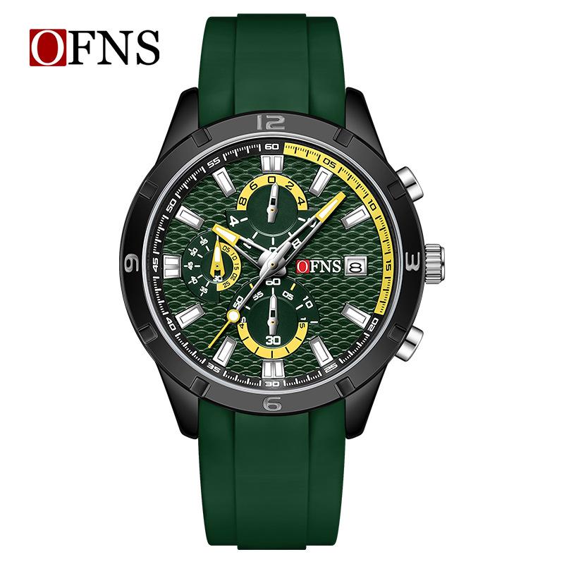 Fashion Ofns Top Brand - Trendy Men's Single Calendar Watch Silicone Sport Student Waterproof Three-eye Six-pin Quartz