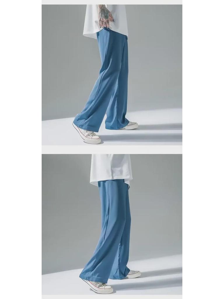 Men's Summer Ice Silk Wide-Leg Pants - Loose, Straight, Floor-Length Suit Pants