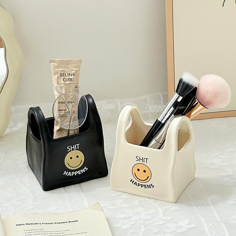 Creative Cute Tote Bag Smiling Face Pen Holder Home Office Desktop Decoration Ornament Stationery Multifunctional Storage Bucket