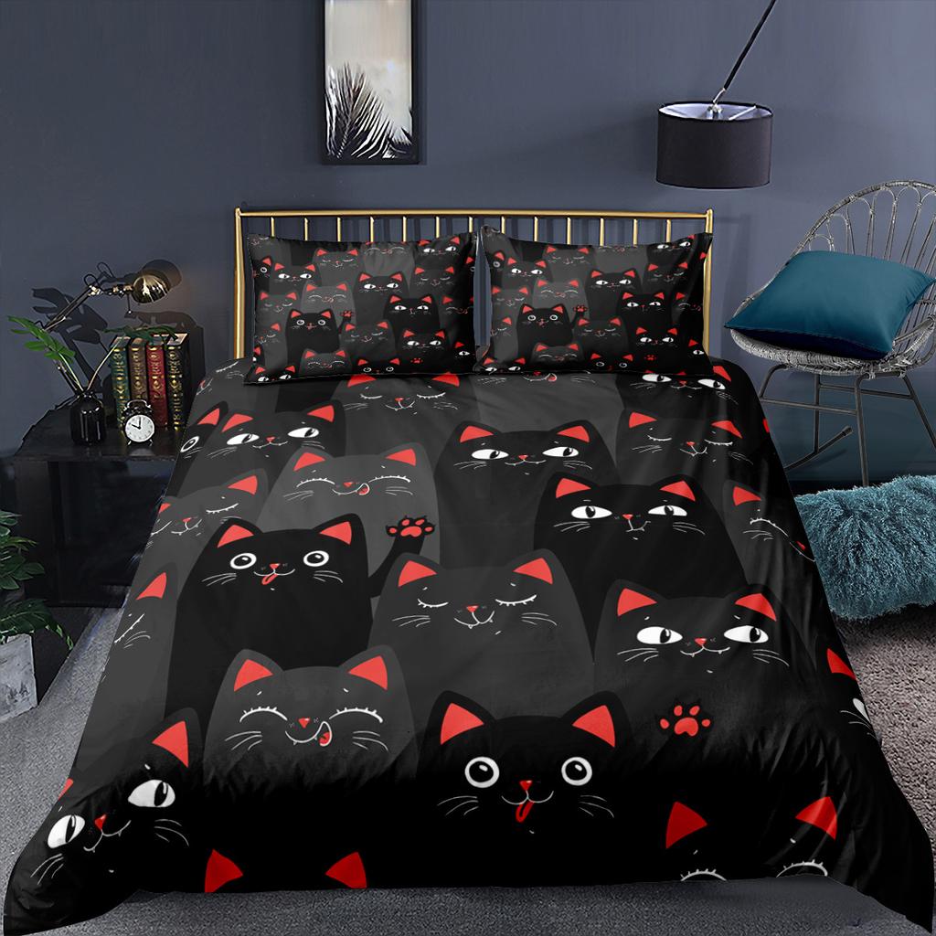 Cat Duvet Cover Polyester Pattern With Hipster Playful Feline Characters, Decorative 3 Piece Twin Bedding Set With 2 Pillow Sham