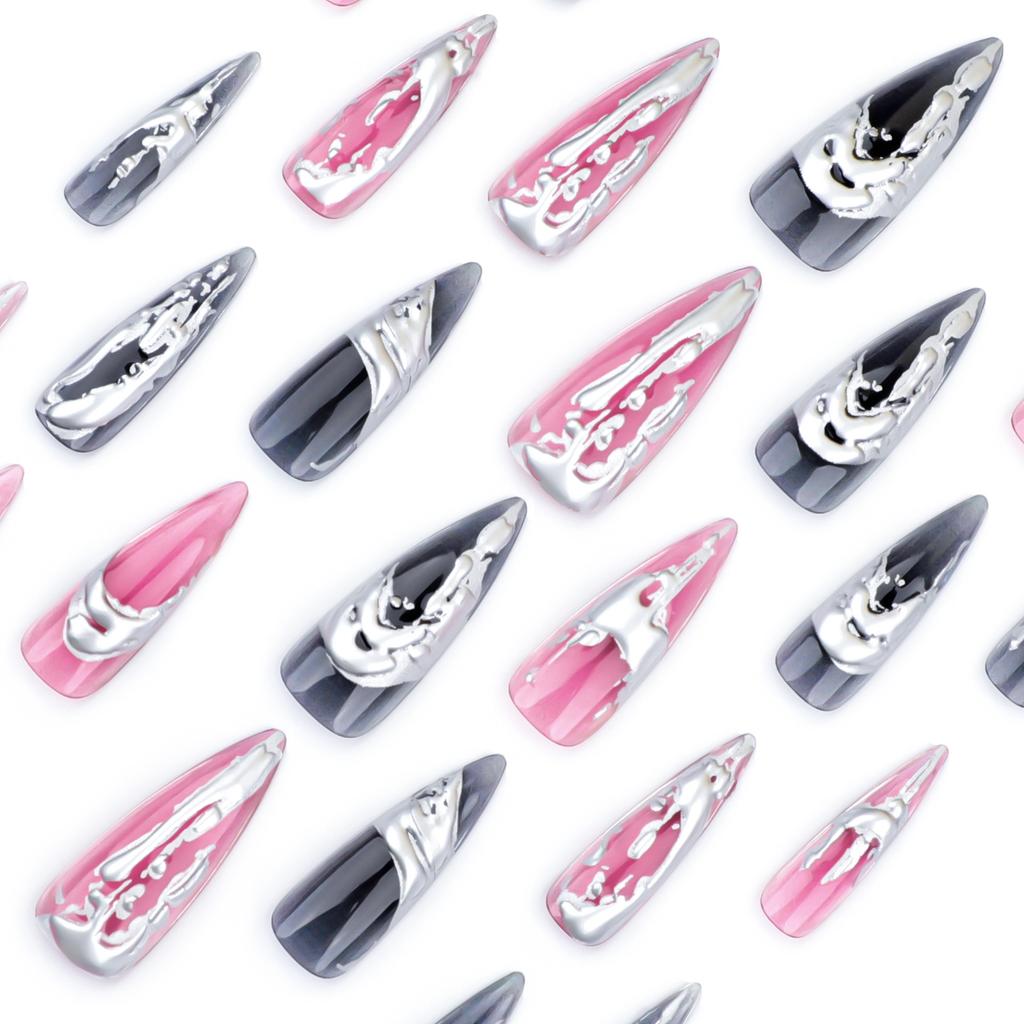 24 Pieces European and American Long Pointed Wearing Nail Smudge Hot Silver 3D Wearable Nail Plate Manicure Fake Nail