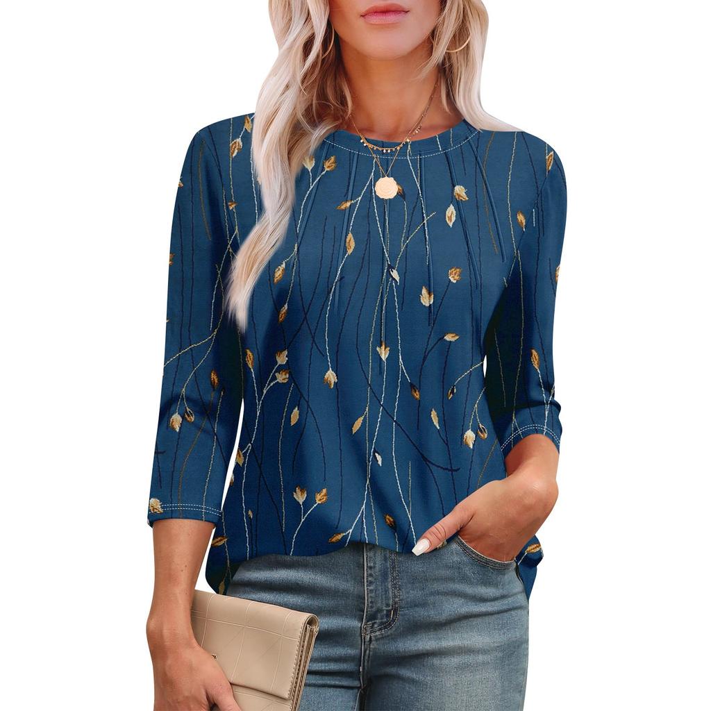 Женская модная футболка с круглым вырезом и рукавом 3/4 с принтом, повседневная, базовая, плиссированная, пуловер