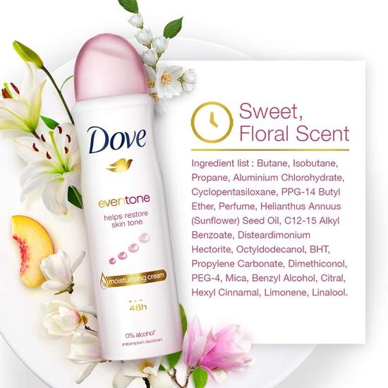 DOVE Дезодорант Eventone для женщин, Антиперспирант-спрей для тела для длительной защиты от запаха, Дезодорант, безопасный для кожи, Без спирта, Без парабенов, 150 мл