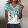 Women Casual Loose Shirts V Neck Short Sleeve Flower Print Lace Tops T-shirts Tee