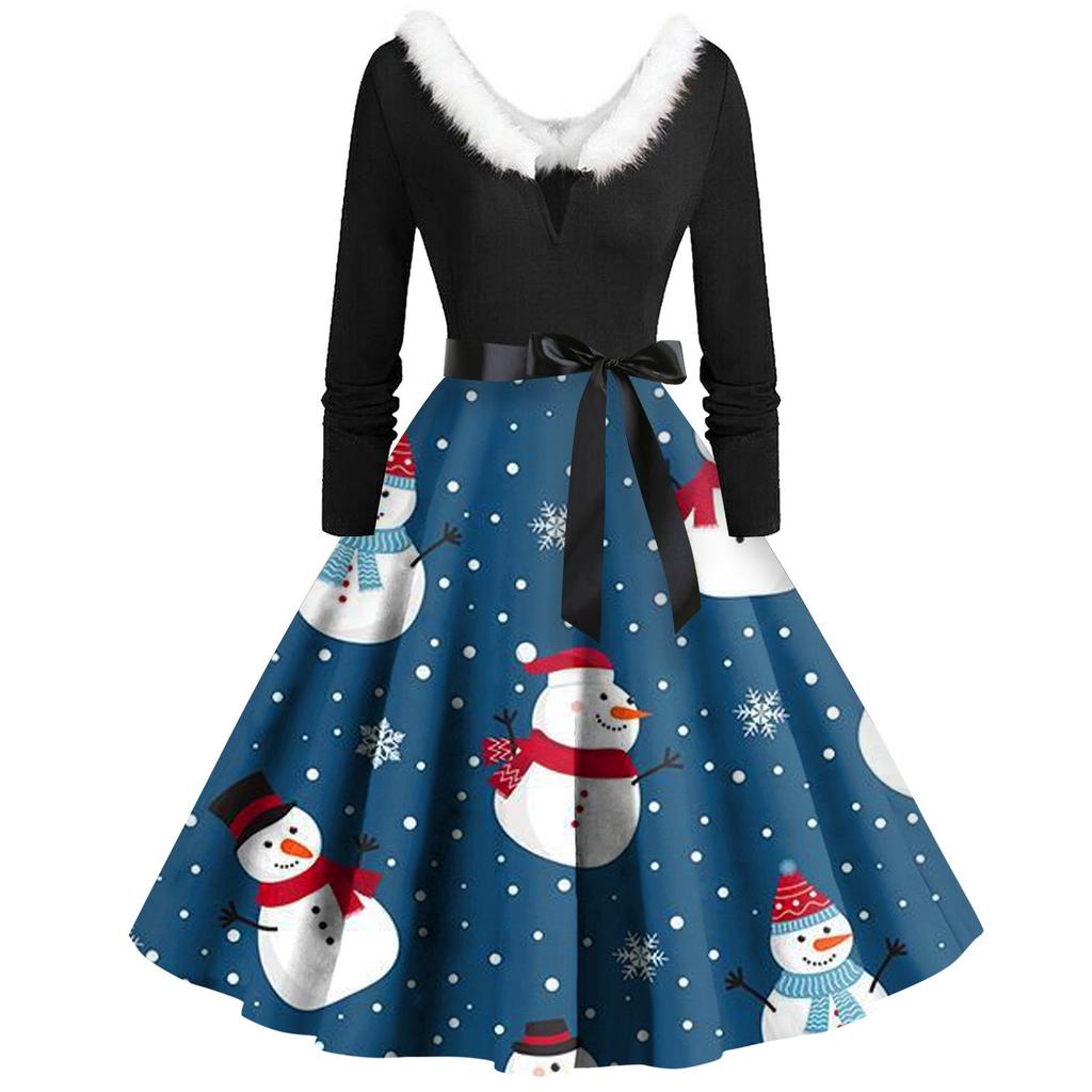 Women Vintage Long Sleeve Christmas Print 1950s Housewife Evening Party Prom Dress